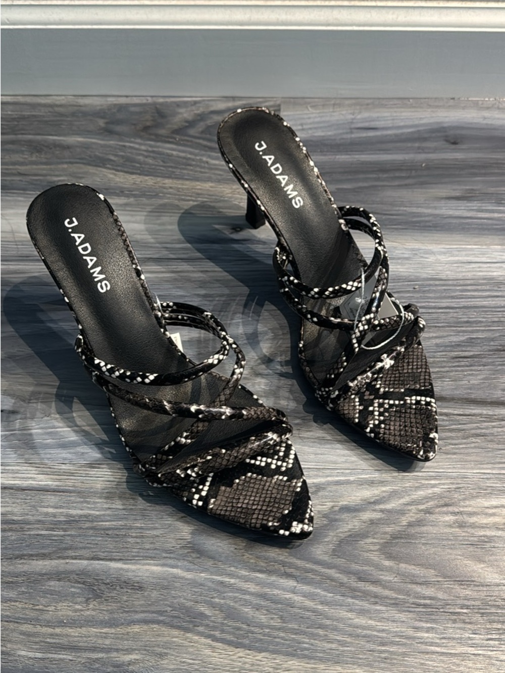 Adams Black & White Snake-Print Strappy Heeled Sandals